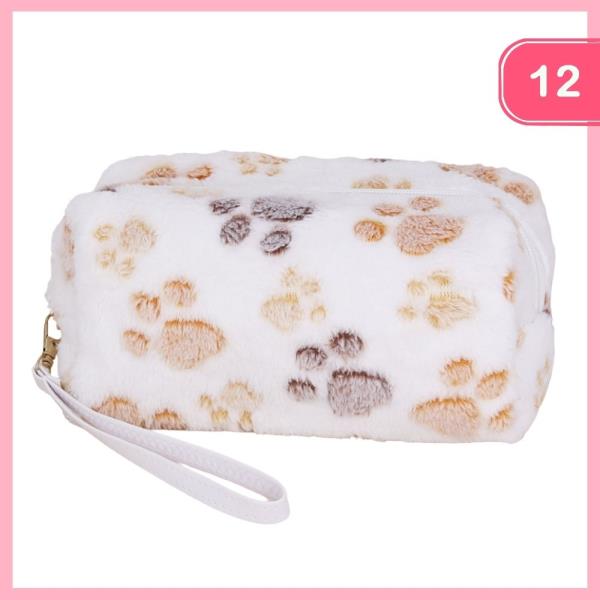(12 PCS PACKAGE) FAUX FUR PAW PRINT POUCH WRISTLET. 7.5"X4.25"X3.25".