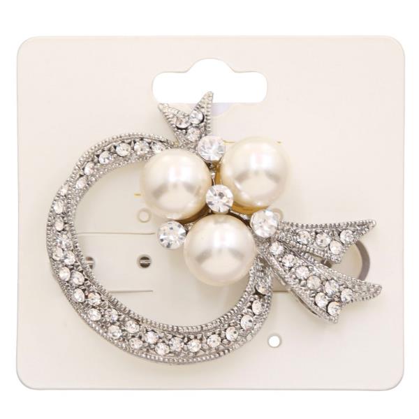RIBBON BOW PEARL BEAD RHINESTONE BROOCH