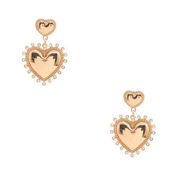 DOUBLE HEART RHINESTONE EDGE DANGLE EARRING