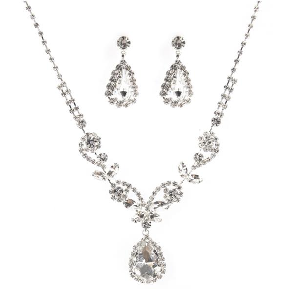 RHINESTONE TEARDROP FLOWER 2 PC NECKLACE