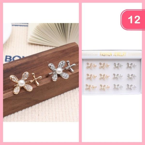 RHINESTONE FLOWER PEARL OPEN RING (12 UNITS)
