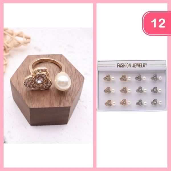 RHINESTONE FLOWER PEARL OPEN RING (12 UNITS)