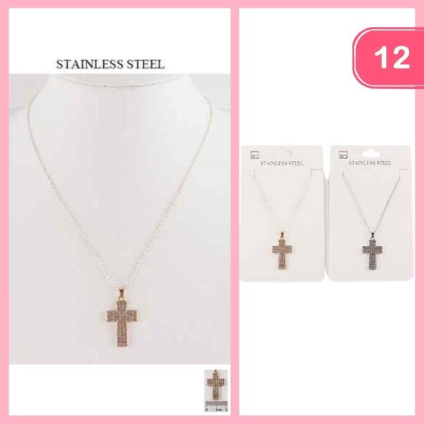 STAINLESS STEEL RHINESTONE CROSS NECKLACE (12 UNITS)