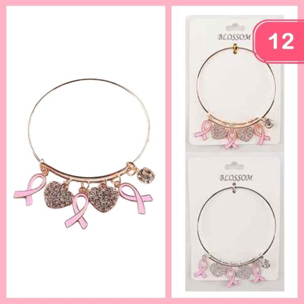 RHINESTONE HEART BREAST CANCER CHARM BRACELET (12 UNITS)