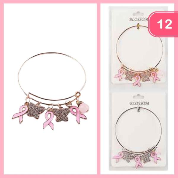 RHINESTONE BREAST CANCER CHARM BRACELET (12 UNITS)
