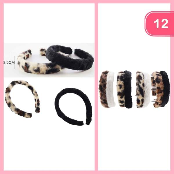 LEOPARD PRINT W/ SOLID COLOR FURRY HEADBAND (12 UNITS)