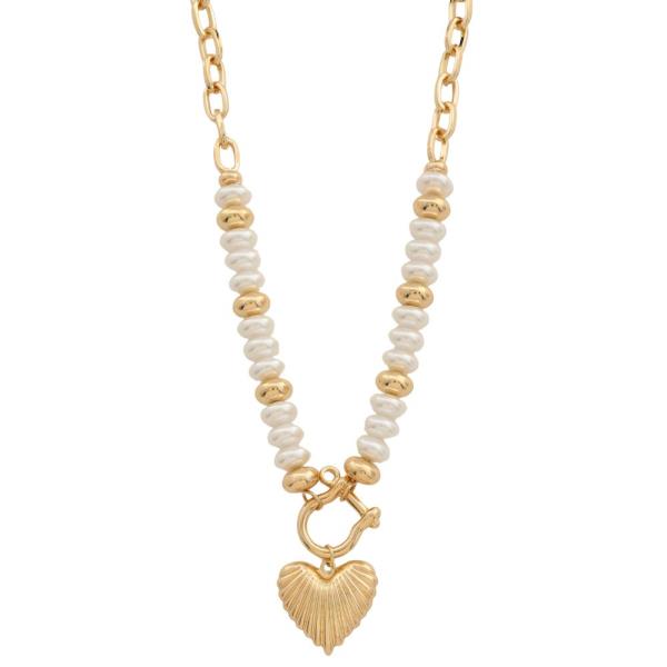 LIBED HEART PEARL METAL BEAD NECKLACE