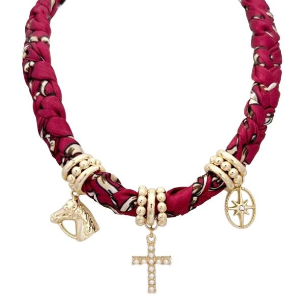 METAL BRAIDED FABRIC MULTI CHARM LINK NECKLACE