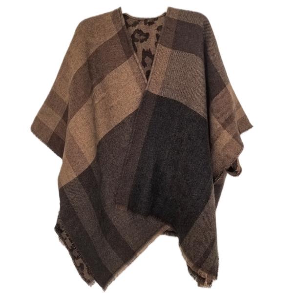 PLAID PATTERN REVERSIBLE LEOPARD KNIT FRINGE PONCHO SHAWL