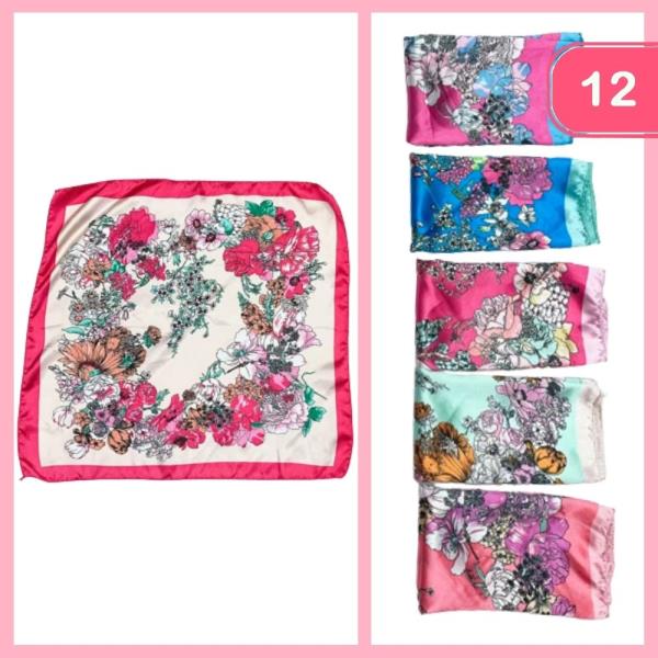 FLOWER PATTER SQUARE SILKY SCARF (12 UNITS)