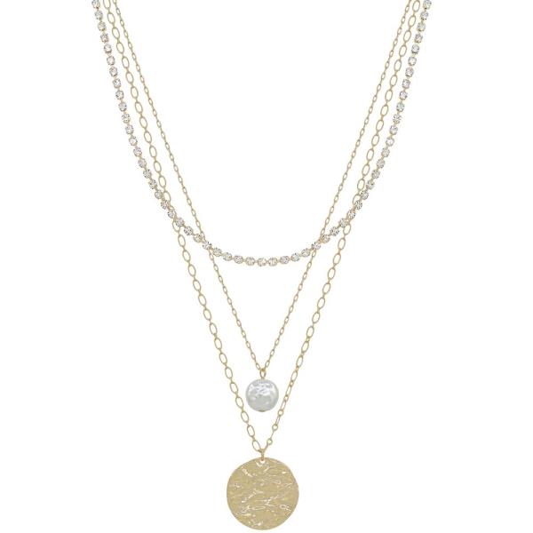 3 LAYERED TENNIS CHAIN COIN PEARL PENDANT ROUND METAL NECKLACE