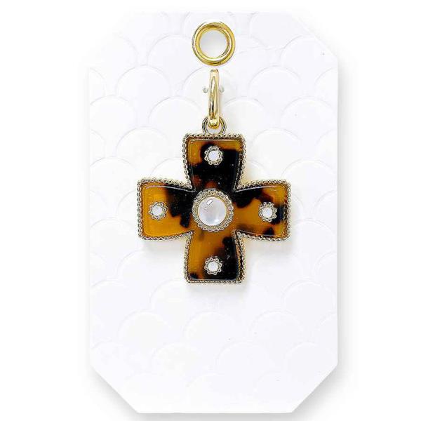 STONE WIDE CROSS TORTOISE PATTERN BAG CHARM