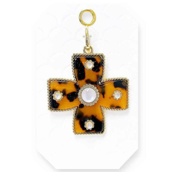 STONE WIDE CROSS TORTOISE PATTERN BAG CHARM