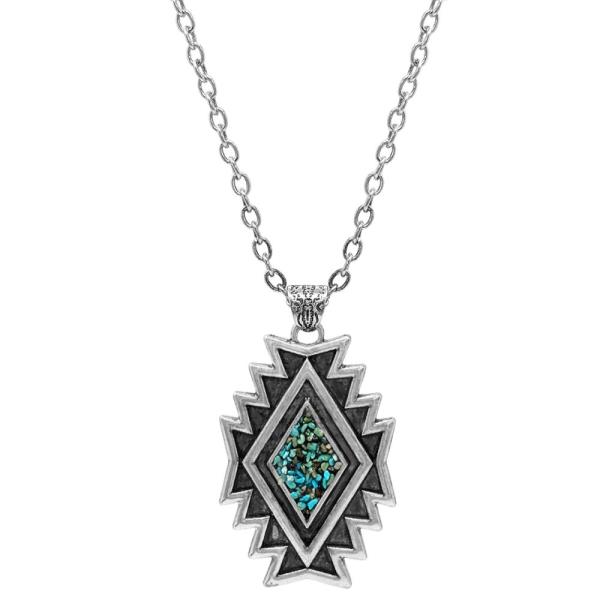 WESTERN STYLE TURQUOISE CHIP AZTEK SHAPE PENDANT NECKLACE