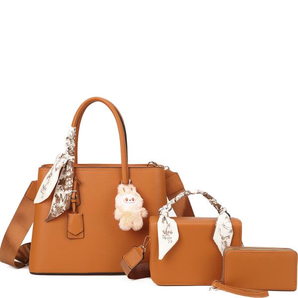 3NI1 TEXTURED SCARF HANDLE SATCHEL W MINI BAG AND WALLET SET