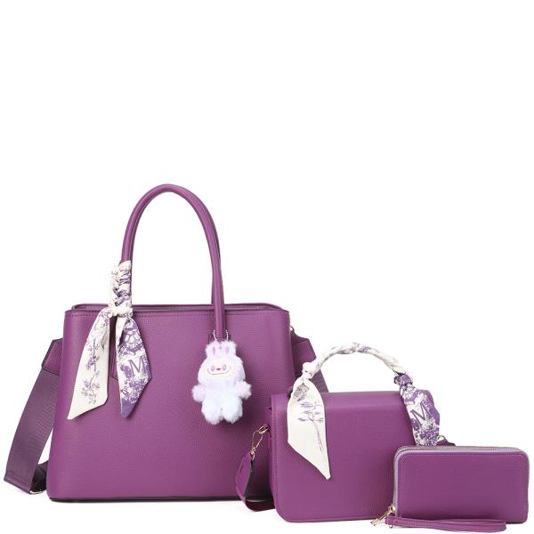 3NI1 TEXTURED SCARF HANDLE SATCHEL W MINI BAG AND WALLET SET