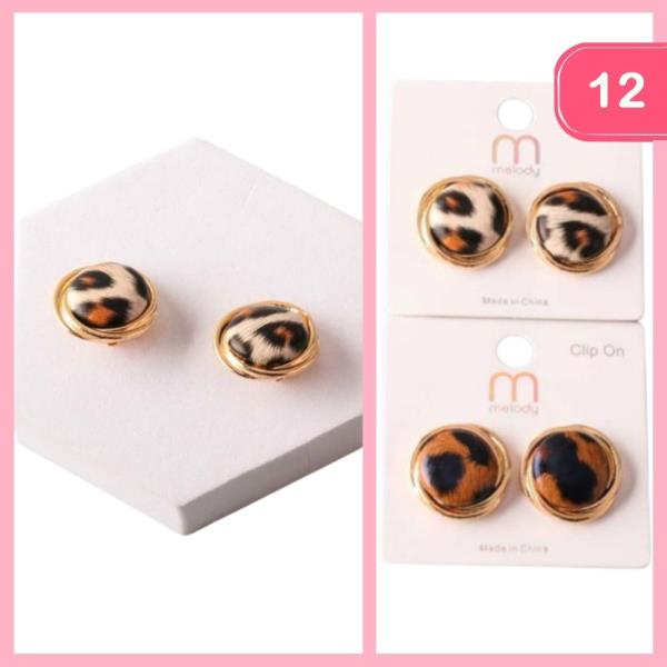 CHEETAH FRAMED BUTTON CLIP ON EARRING (12 UNITS)