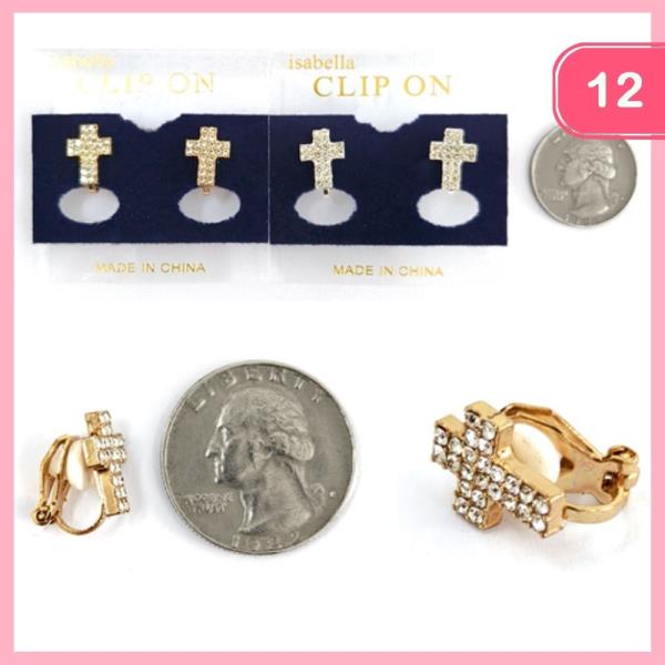 RHINESTONE CROSS CLIP ON EARRINGS (12 UNITS)