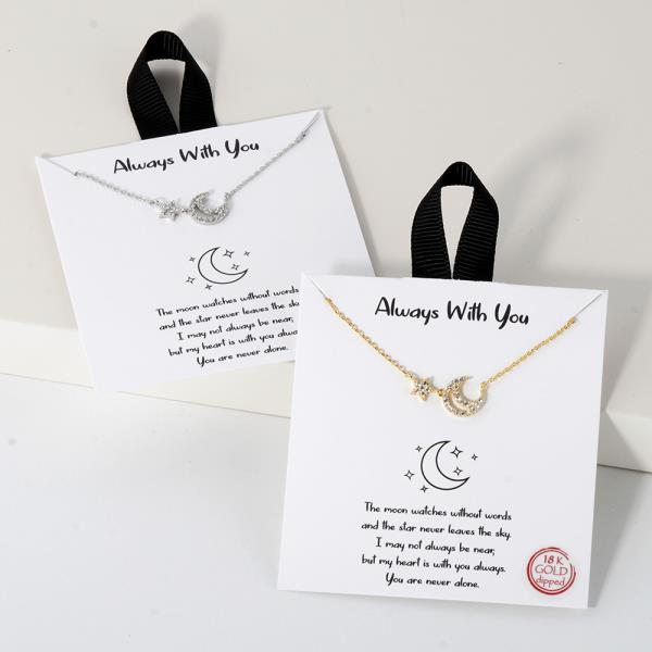 18K GOLD RHODIUM ALWAYS WITH YOU STAR AND MOON PENDANT NECKLACE