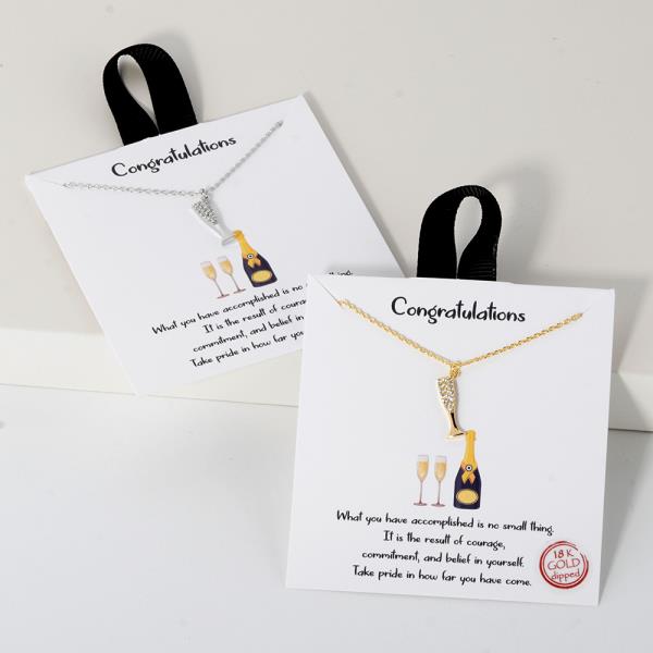 18K GOLD RHODIUM CONGRATULATION CHAMPAGNE GLASS  PENDANT NECKLACE