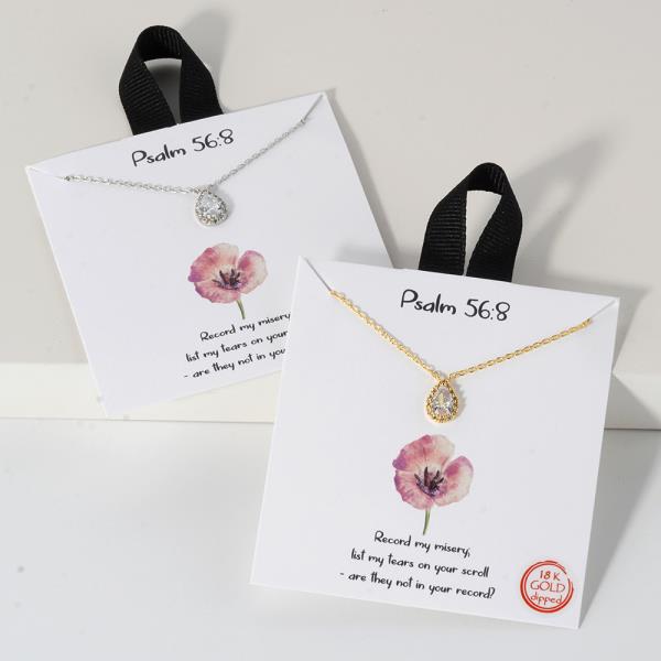 18K GOLD RHODIUM PSALM 56 8 TEARDROP PENDANT NECKLACE