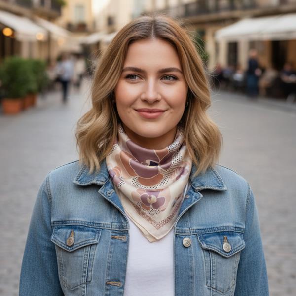 VINTAGE POPPY FLOWER PRINT SILKY BANDANA SQUARE NECK SCARF