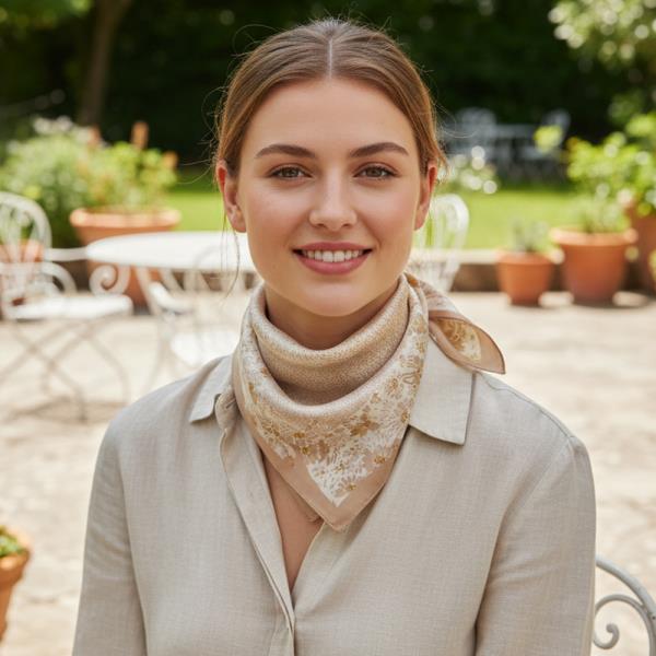 DELICATE FLORAL BORDER PRINT SILKY BANDANA SQUARE NECK SCARF