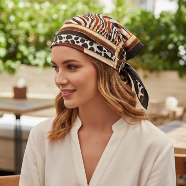 ZEBRA LEOPARD MIXED BORDER SILKY BANDANA SQUARE NECK SCARF