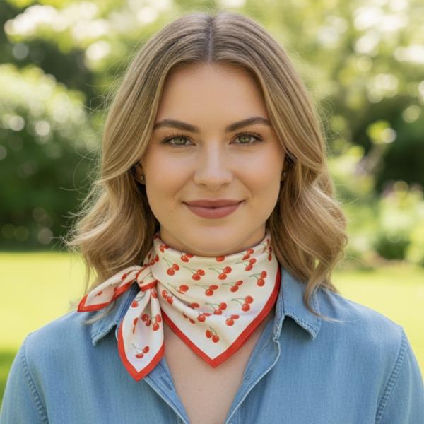 CHERRY PATTERN SILKY BANDANA SQUARE NECK SCARF