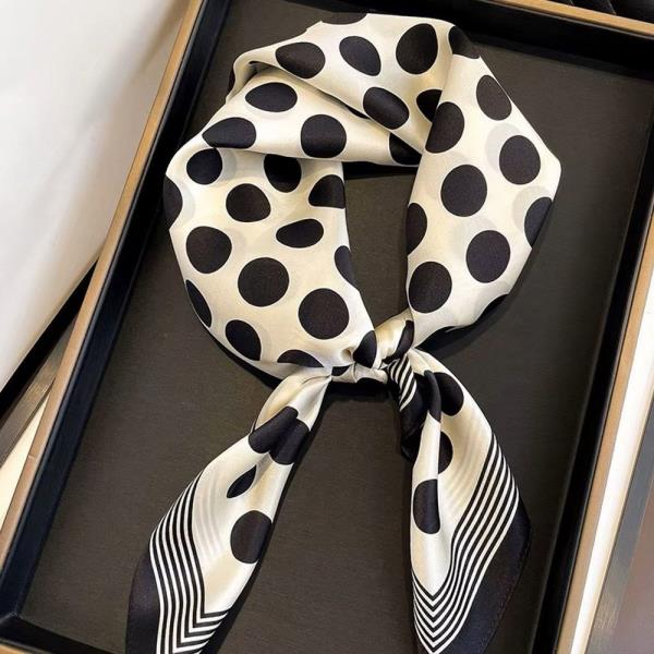 SILKY POLKA DOT STRIPE EDGE BANDANA SQUARE NECK SCARF