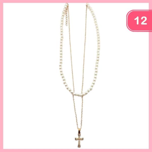LAYERED PEARL CROSS PENDANT NECKLACE (12 UNITS)