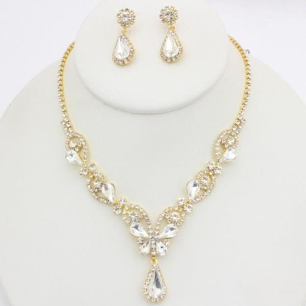 TEARDROP BUTTERFLY RHINESTONE METAL NECKLACE
