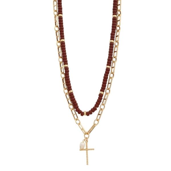 MULTI STRAND BEADED CROSS PEARL PENDANT LAYERED NECKLACE