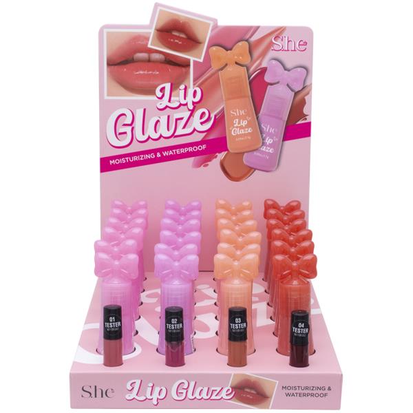SHE MAKEUP LIP GLAZE W TESTER (24 UNITS)