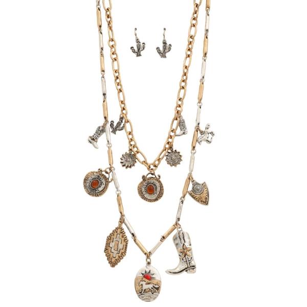 WESTERN TWO TONE MULTI CHARM LAYERED NECKLACE