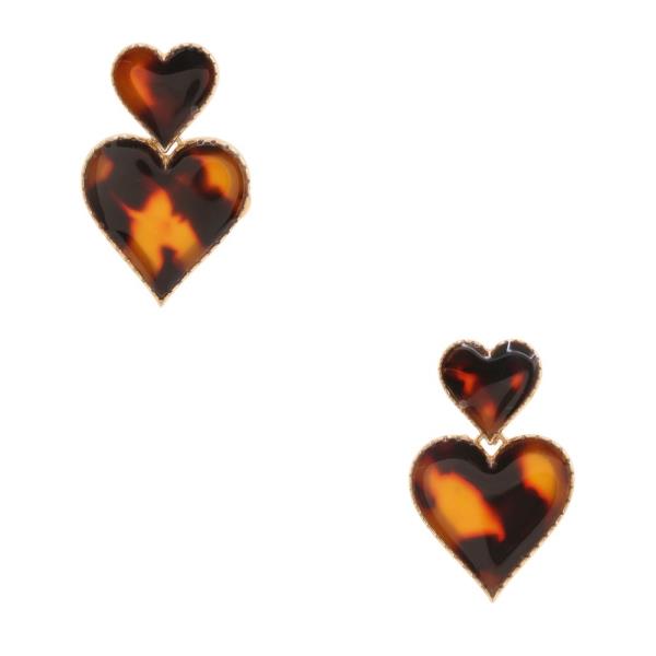 TORTOISE PATTERN DOUBLE HEART DANGLE EARRING