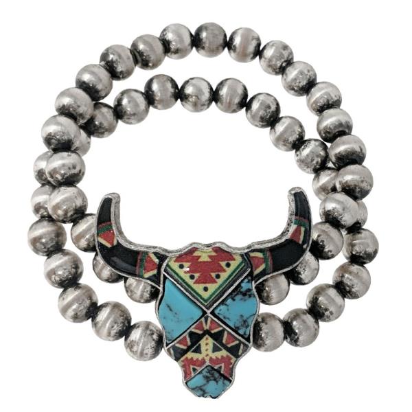 WESTERN AZTEC PATTERN STONE STEER HEAD BEADED BRACELET