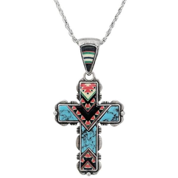 WESTERN SEMI STONE CROSS PENDANT NECKLACE