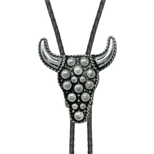 WESTERN BALL TEXTURE BOLO TIE STEER HEAD NECKLACE