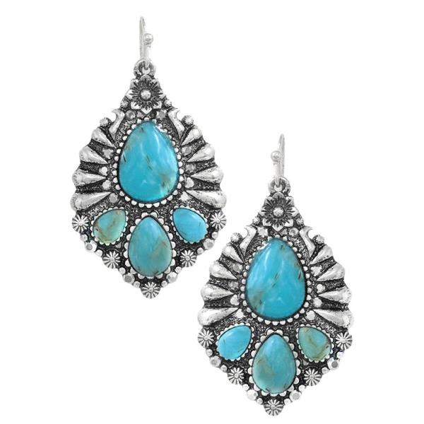 WESTERN TURQUOISE STONE TEARDROP CONCHO DANGLE EARRING