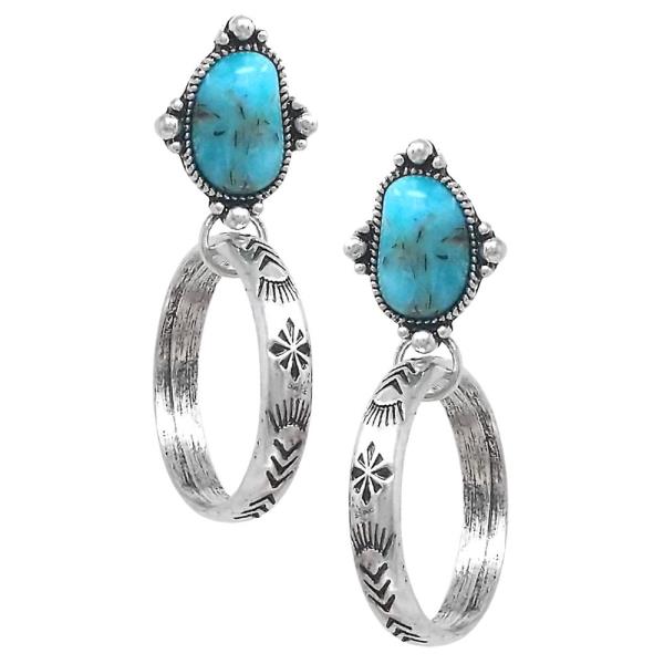 WESTERN AZTEC PATTERN HOOP STONE DANGLE EARRING