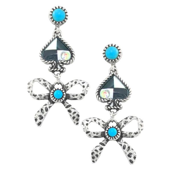 WESTERN SEMI STONE ACE RIBBON BOW DANGLE EARRING