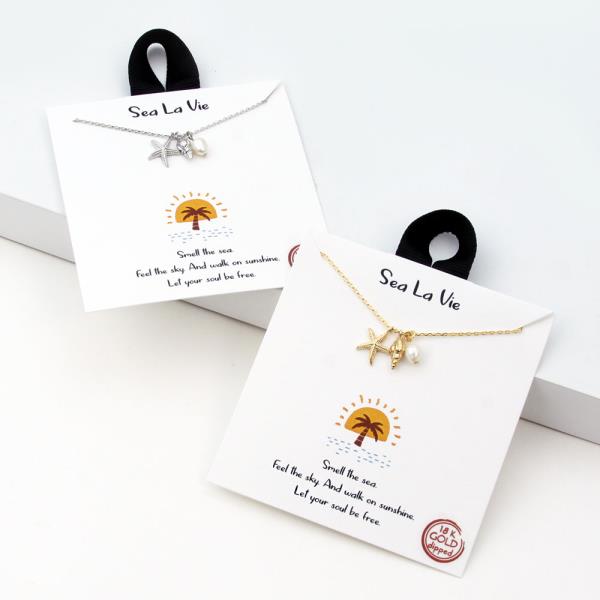 18K GOLD RHODIUM SEA LA VIE STARFISH PEARL PENDANT NECKLACE