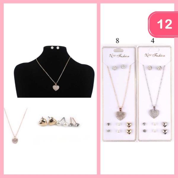 RHINESTONE HEART PENDANT NECKLACE EARRING SET (12 UNITS)