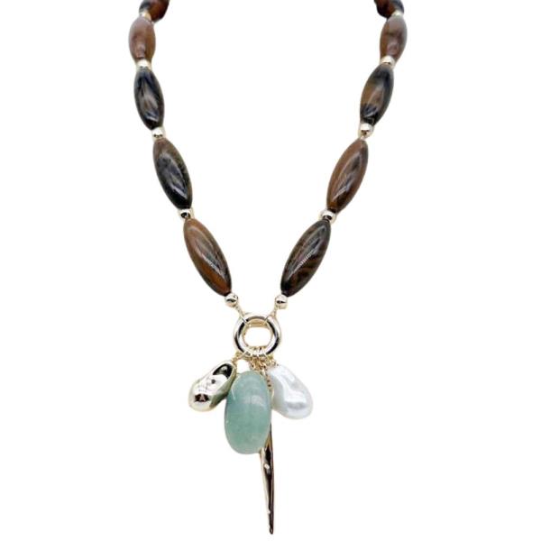 METAL CHARM RESIN LONG OVAL BEAD NECKLACE