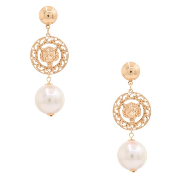 ROUND LION HEAD PEARL BEAD LINK DANGLE EARRING