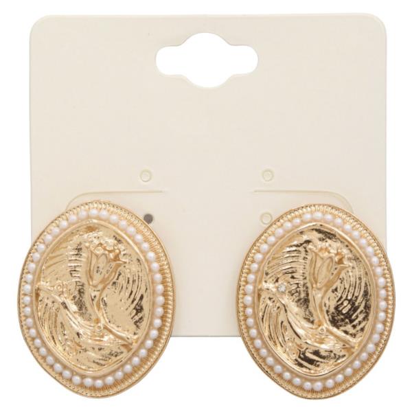 ROSE PATTERN PEARL EDGE OVAL METAL EARRING