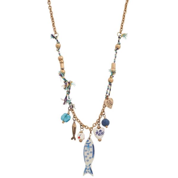 FISH HEART CHARM METAL BEAD NECKLACE