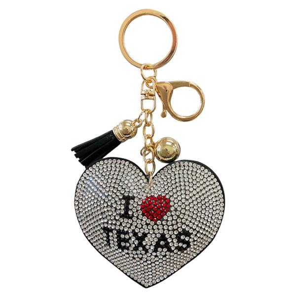 RHINESTONE HEART I LOVE TEXAS KEYCHAIN WITH TASSEL