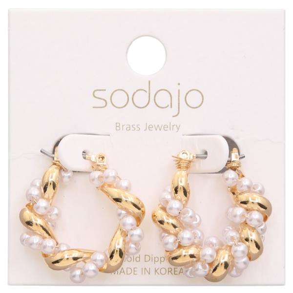 SODAJO PEARL BEAD METAL TWISTED HOOP GOLD DIPPED EARRING
